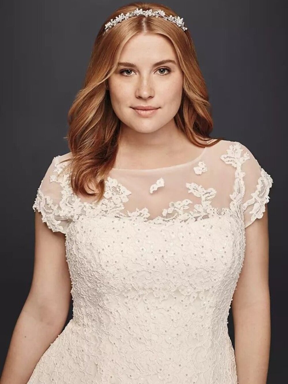 Oleg Cassini Cap Sleeve Illusion Neck Tea-Length Wedding Dress Ivory 16W NWT - Picture 3 of 6
